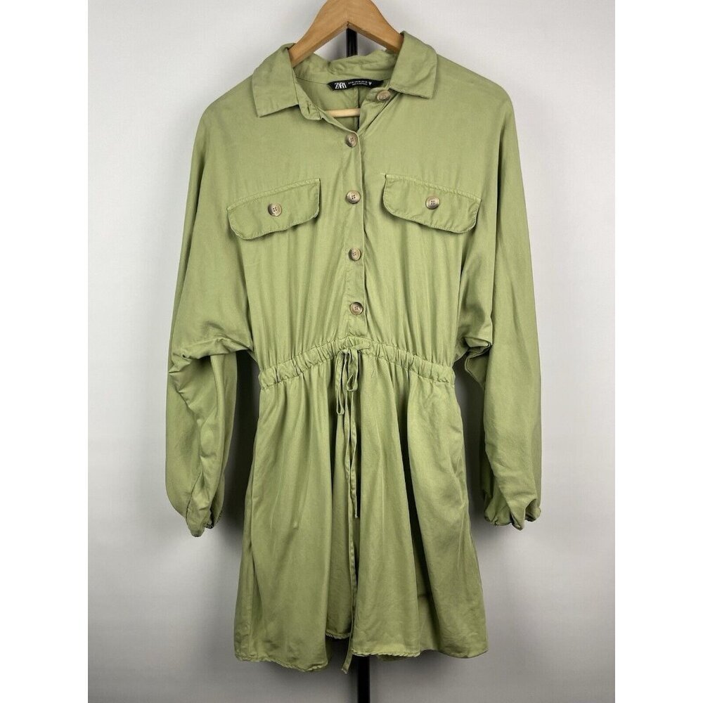 Zara Green 100% Lyocell Long Balloon Sleeve‎ Cinched Waist Mini Dress Size XS
